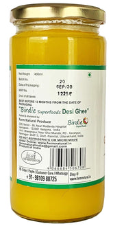 Premium A2 Certified Sahiwal Desi Cow Ghee By Birdie Superfoods | Rich In Nutrients Flavor Healthy Desi Ghee Perfect For Heart Health | (400ml) 13.5 Ounce | Glass Bottle